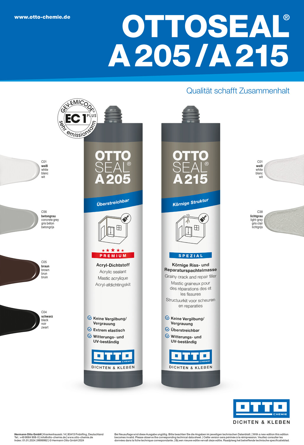 Ottoseal A205 Premium-Acryl-Dichtstoff Betongrau C56 310 ml